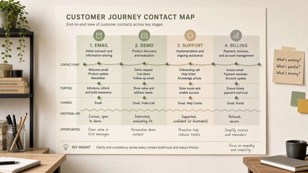 Printed customer journey contact map with pins for email demo support billing