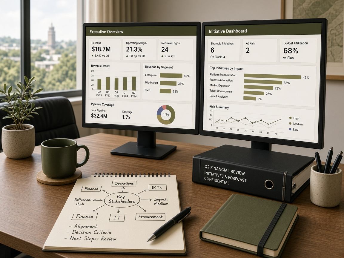Decision-maker desk with stakeholder map notes and dual monitors