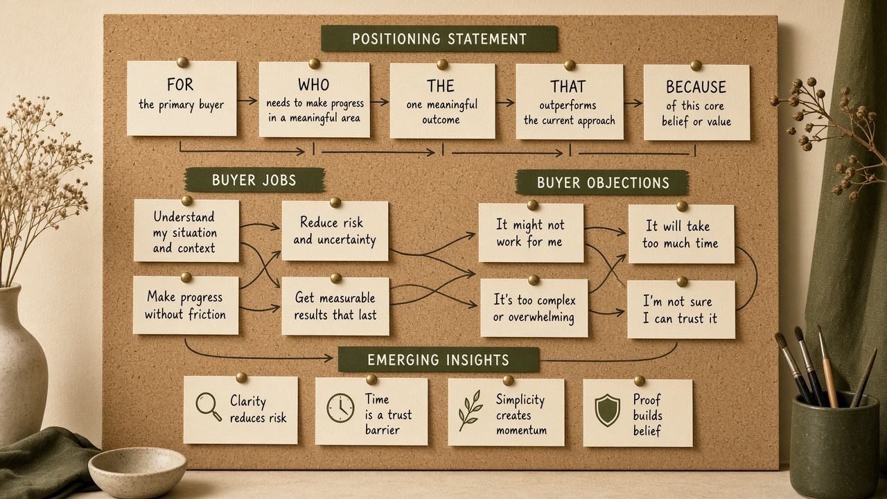 Positioning statements pinned on a research synthesis board