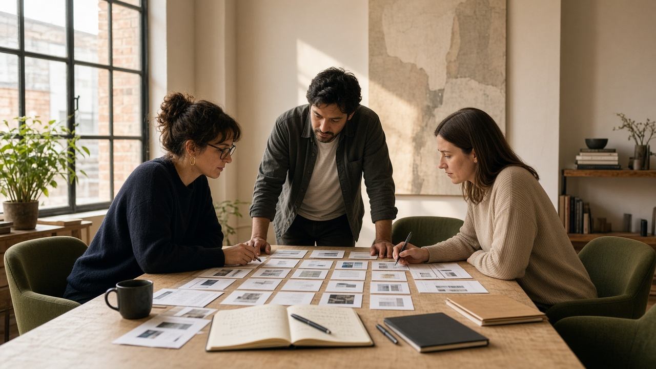 Researchers reviewing positioning draft cards together